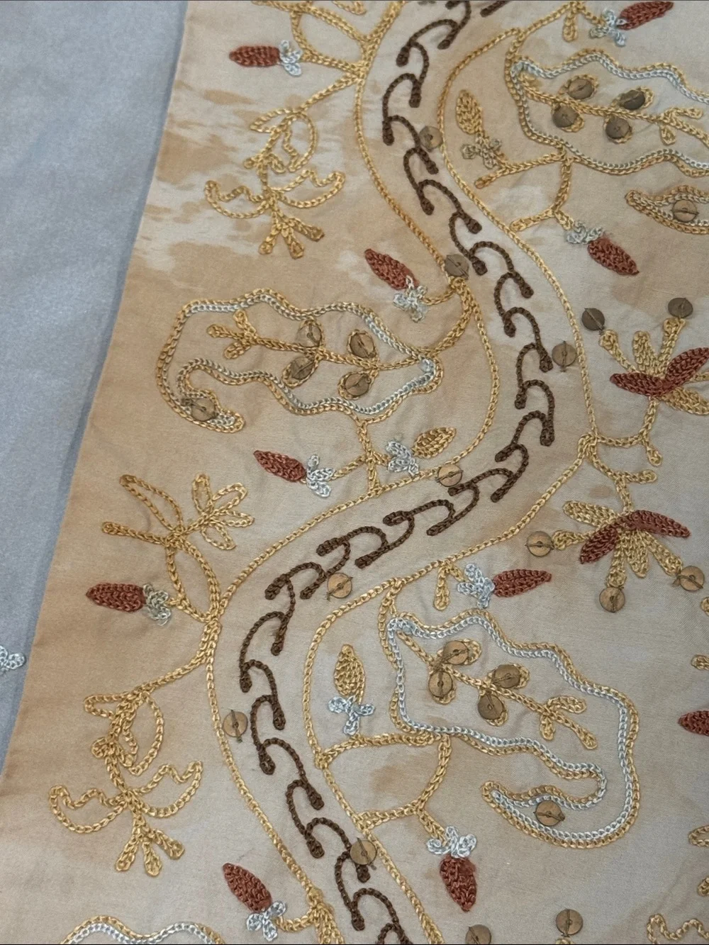 Vintage Banana Republic Embroidered Sequin Fringe Table Runner Cream Multi